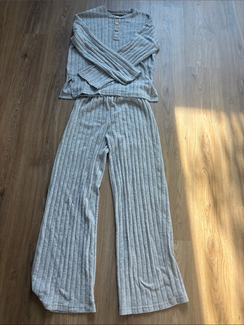 Ribbed Wide-Leg Lounge Pants - Light Gray